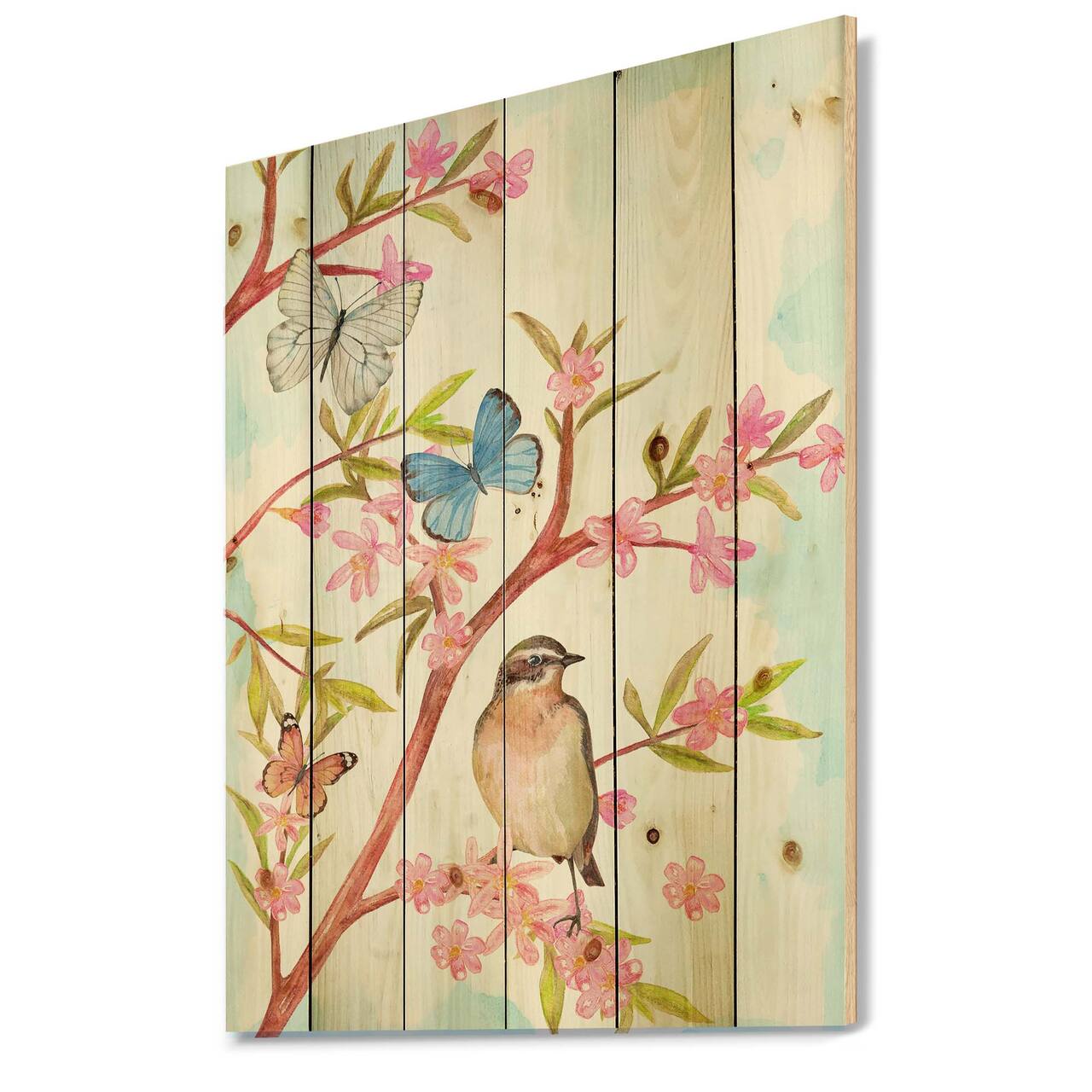 Designart - Clever Bird Sitting On Branch of A Spring Tree - Traditional Print on Natural Pine Wood
